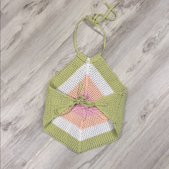 Blue Blush Y2K Fairycore Crochet Halter Tie Top – Green Pink Peach White / Sz S - Picture 2 of 6